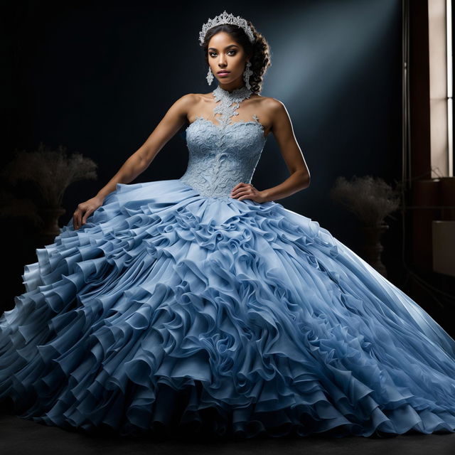 Editorial magazine photograph of a female model in an extravagant powder blue Quinceañera ball gown with a large full skirt, fitted bodice decorated with appliqués and lace, taken with a 200mm lens.