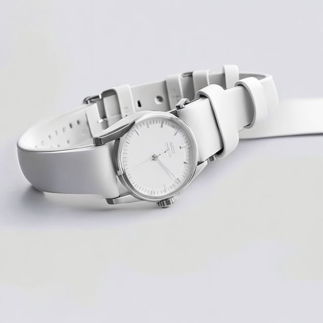 Minimalist all-white watch with a pastel face, devoid of branding.