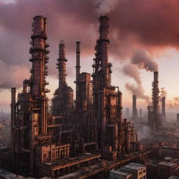 Envision a city laden with factorypunk skyscrapers, their architecture embodying vast industrial complexes, and intricate gears. Smokestacks churn out clouds, while the inner workings echo with the rhythmic sounds of machinery under a crimson dawn sky.