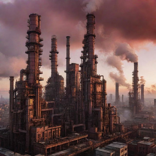 Envision a city laden with factorypunk skyscrapers, their architecture embodying vast industrial complexes, and intricate gears. Smokestacks churn out clouds, while the inner workings echo with the rhythmic sounds of machinery under a crimson dawn sky.