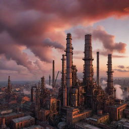 Envision a city laden with factorypunk skyscrapers, their architecture embodying vast industrial complexes, and intricate gears. Smokestacks churn out clouds, while the inner workings echo with the rhythmic sounds of machinery under a crimson dawn sky.