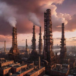 Envision a city laden with factorypunk skyscrapers, their architecture embodying vast industrial complexes, and intricate gears. Smokestacks churn out clouds, while the inner workings echo with the rhythmic sounds of machinery under a crimson dawn sky.