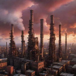 Envision a city laden with factorypunk skyscrapers, their architecture embodying vast industrial complexes, and intricate gears. Smokestacks churn out clouds, while the inner workings echo with the rhythmic sounds of machinery under a crimson dawn sky.