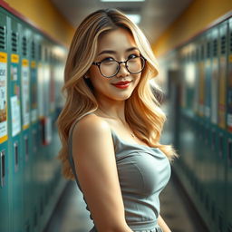 A beautiful and sexy 33-year-old Korean teacher positioned in a lively school corridor, showcasing an alluring hourglass figure that is both busty and slim