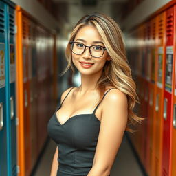A beautiful and sexy 33-year-old Korean teacher positioned in a lively school corridor, showcasing an alluring hourglass figure that is both busty and slim