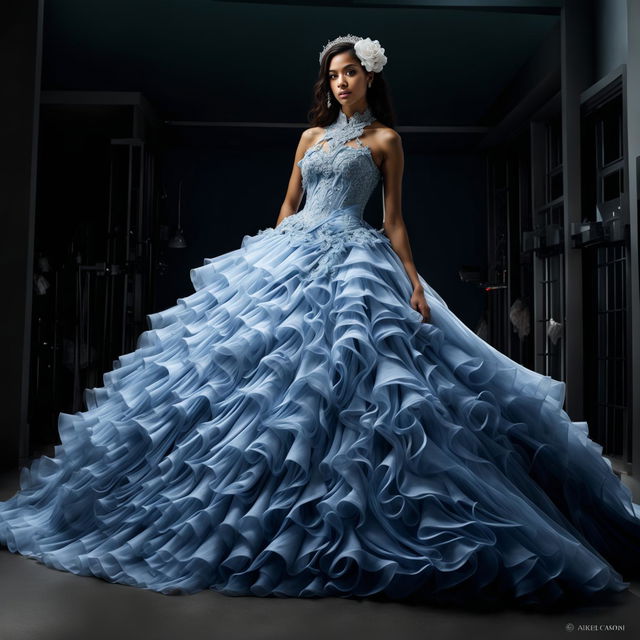 Distant shot of a female model in an extravagant powder blue Quinceañera ball gown with a large full skirt and fitted bodice decorated with appliqués and lace, captured in an editorial magazine photoshoot with immaculate composition and lighting.