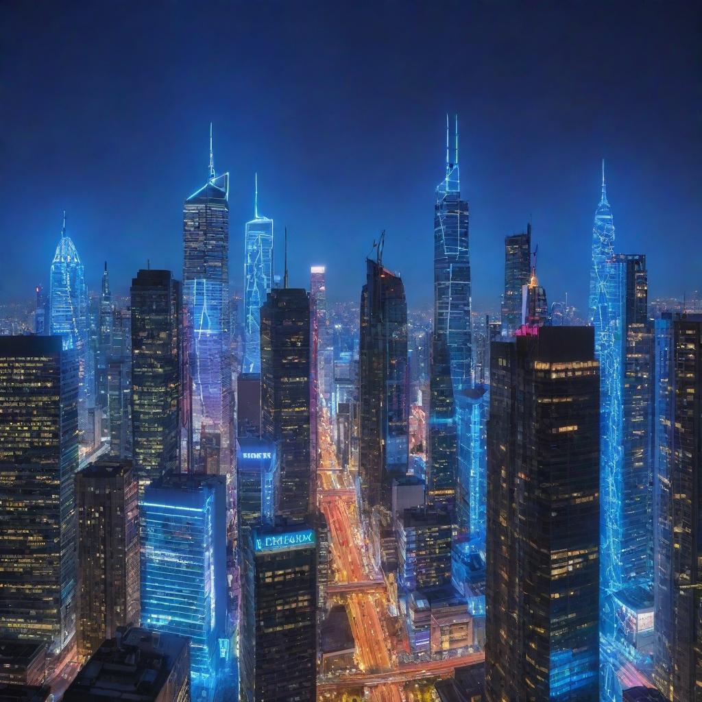 A dazzling cityscape filled with electropunk skyscrapers. Gleaming towers pulsating with currents of electricity, featuring interconnecting high-voltage lines, and bright neon signs casting prismatic radiance under an electric blue night sky.