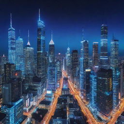 A dazzling cityscape filled with electropunk skyscrapers. Gleaming towers pulsating with currents of electricity, featuring interconnecting high-voltage lines, and bright neon signs casting prismatic radiance under an electric blue night sky.