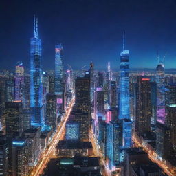 A dazzling cityscape filled with electropunk skyscrapers. Gleaming towers pulsating with currents of electricity, featuring interconnecting high-voltage lines, and bright neon signs casting prismatic radiance under an electric blue night sky.