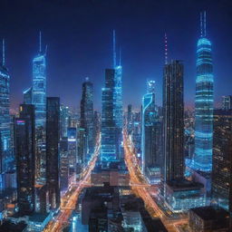 A dazzling cityscape filled with electropunk skyscrapers. Gleaming towers pulsating with currents of electricity, featuring interconnecting high-voltage lines, and bright neon signs casting prismatic radiance under an electric blue night sky.