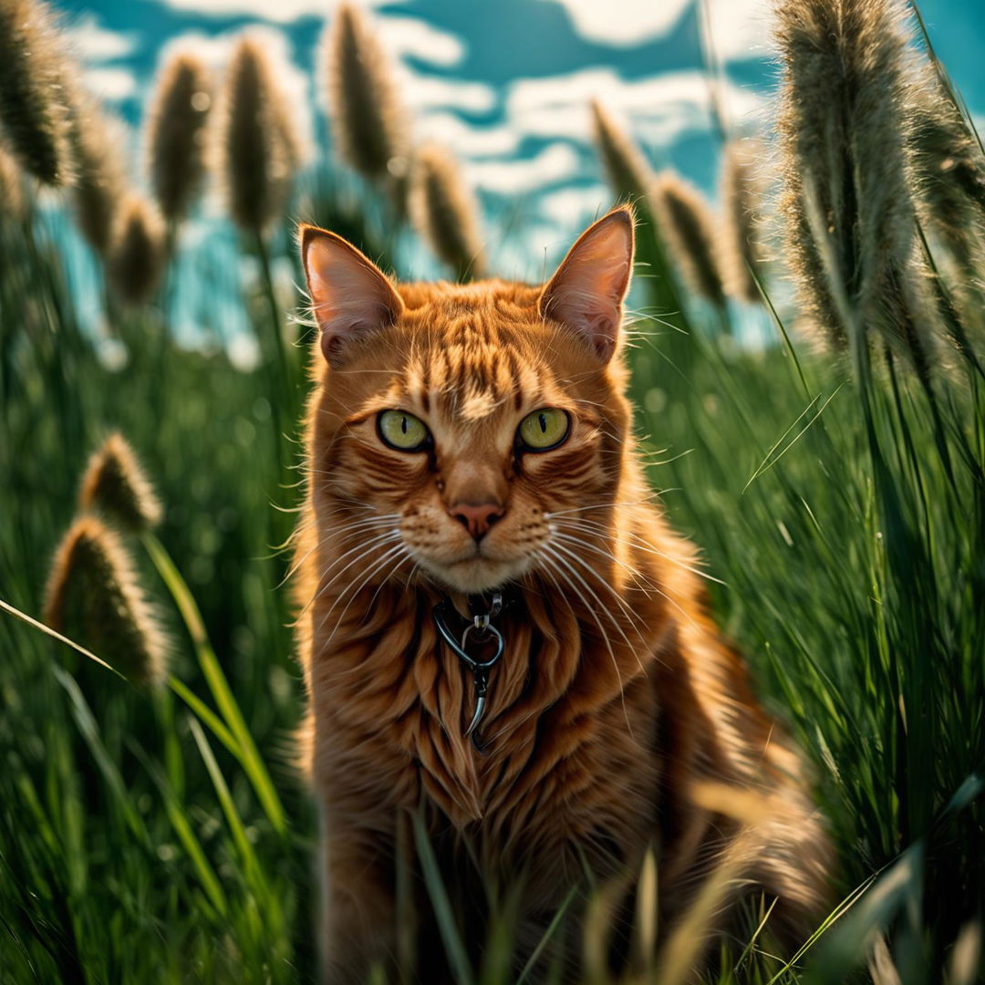 A vibrant ginger cat in a vast green field, captured with a Sony Alpha a7 III in Aperture Priority Mode (f/4 to f/8), ISO 100 to 400. The cat's curiosity and alertness are evident as it explores its surroundings under a warm sunlight.