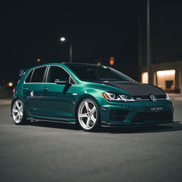 A dark green MK7 VW Golf R with an aggressive body kit, featuring a striking carbon fiber hood