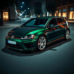 A dark green MK7 VW Golf R with an aggressive body kit, featuring a striking carbon fiber hood
