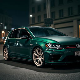 A dark green MK7 VW Golf R with an aggressive body kit, featuring a striking carbon fiber hood