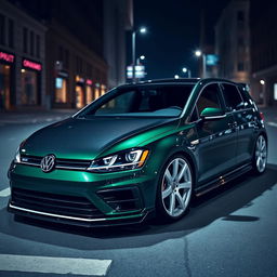 A dark green MK7 VW Golf R with an aggressive body kit, featuring a striking carbon fiber hood