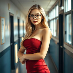 A beautiful and sexy Korean teacher standing in a school corridor, showcasing her hourglass figure
