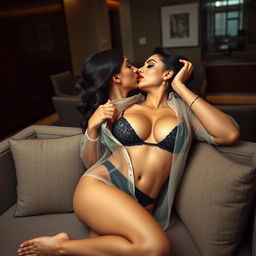 A sensual young woman reminiscent of Nushrat Bharucha, depicted in alluring lingerie while passionately making out with a man