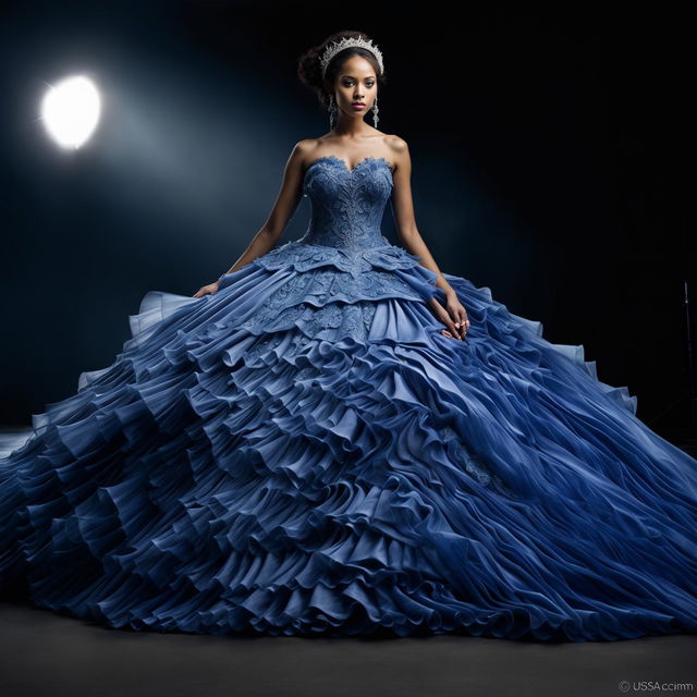 A female model in an extravagant sapphire blue Quinceañera ball gown with a large full skirt and fitted bodice decorated with appliqués and lace. The image is intense with immaculate composition and lighting, taken from a distance with a 200mm lens for an editorial magazine photoshoot.