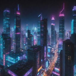 A sprawling cityscape filled with towering cyberpunk skyscrapers, draped in neon lights. The futuristic architecture showcasing high-tech screens and network cables coursing through buildings, all basked in the glow of a neon-drenched night.