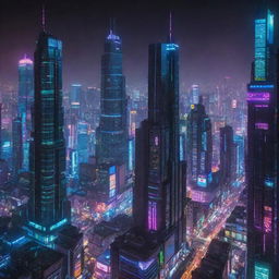 A sprawling cityscape filled with towering cyberpunk skyscrapers, draped in neon lights. The futuristic architecture showcasing high-tech screens and network cables coursing through buildings, all basked in the glow of a neon-drenched night.