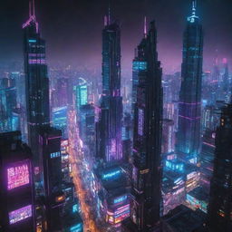 A sprawling cityscape filled with towering cyberpunk skyscrapers, draped in neon lights. The futuristic architecture showcasing high-tech screens and network cables coursing through buildings, all basked in the glow of a neon-drenched night.