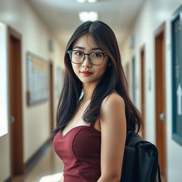 A beautiful and sexy Korean teacher in a school corridor, presenting her alluring hourglass body