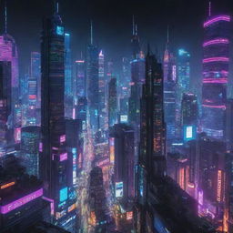 A sprawling cityscape filled with towering cyberpunk skyscrapers, draped in neon lights. The futuristic architecture showcasing high-tech screens and network cables coursing through buildings, all basked in the glow of a neon-drenched night.