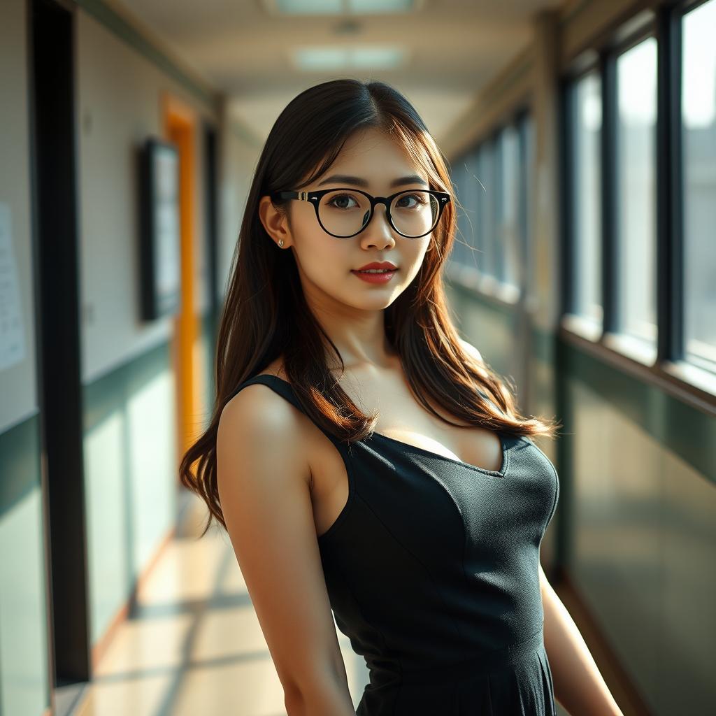 A beautiful and sexy Korean teacher in a school corridor, presenting her alluring hourglass body