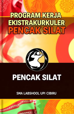 A book cover design featuring the title 'PROGRAM KERJA EKSTRAKURIKULER PENCAK SILAT' in bold, eye-catching typography