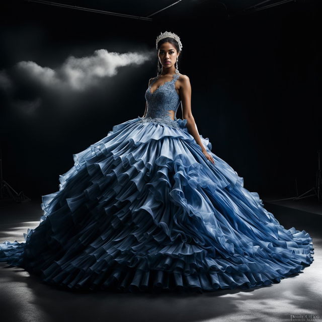 A distant shot of a female model in an extravagant sapphire blue Quinceañera ball gown with a large full skirt and fitted bodice decorated with appliqués and lace. The image has immaculate composition and intense lighting, reminiscent of an editorial magazine photoshoot.