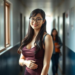 A beautiful and sexy Korean teacher in a school corridor, showcasing her stunning hourglass body