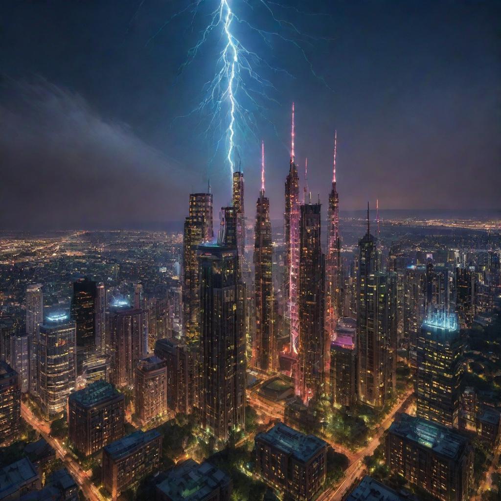 A grand cityscape of towering teslapunk skyscrapers, electrified with Tesla coils and intricate circuitry, glowing with pulses of energy. This luminous forest of towers stands proudly under a vivid, star-studded night sky.