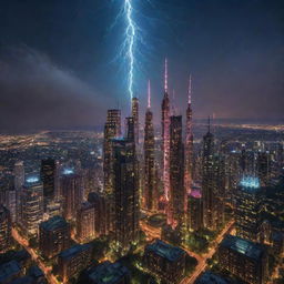 A grand cityscape of towering teslapunk skyscrapers, electrified with Tesla coils and intricate circuitry, glowing with pulses of energy. This luminous forest of towers stands proudly under a vivid, star-studded night sky.