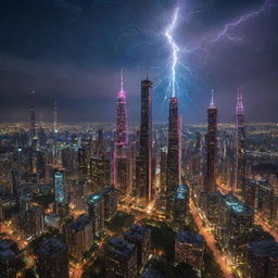 A grand cityscape of towering teslapunk skyscrapers, electrified with Tesla coils and intricate circuitry, glowing with pulses of energy. This luminous forest of towers stands proudly under a vivid, star-studded night sky.