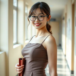 A beautiful and sexy Korean teacher in a school corridor, showcasing her stunning hourglass body