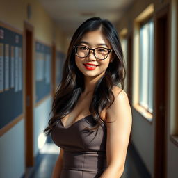 A beautiful and sexy Korean teacher in a school corridor, showcasing her stunning hourglass body
