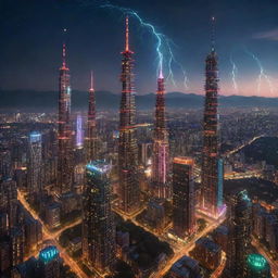 A grand cityscape of towering teslapunk skyscrapers, electrified with Tesla coils and intricate circuitry, glowing with pulses of energy. This luminous forest of towers stands proudly under a vivid, star-studded night sky.