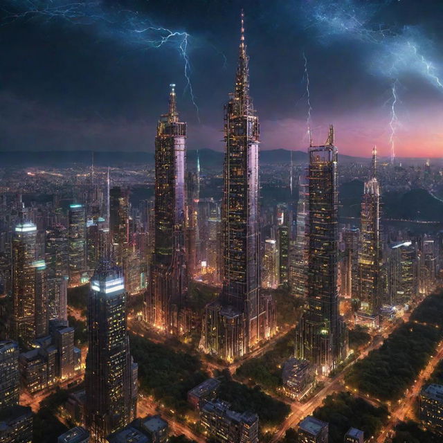 A grand cityscape of towering teslapunk skyscrapers, electrified with Tesla coils and intricate circuitry, glowing with pulses of energy. This luminous forest of towers stands proudly under a vivid, star-studded night sky.