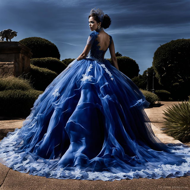 A distant shot of a female model in an extravagant sapphire blue Quinceañera ball gown with a large full skirt and fitted bodice decorated with appliqués and lace. The image has immaculate composition and lighting, capturing an intense editorial magazine photoshoot.