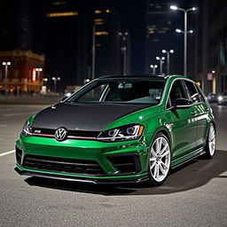 A dark green MK7 VW Golf R with an aggressive body kit, showcasing a sleek black carbon fiber hood