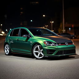 A dark green MK7 VW Golf R with an aggressive body kit, showcasing a sleek black carbon fiber hood