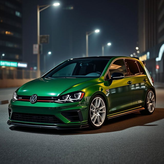 A dark green MK7 VW Golf R with an aggressive body kit, showcasing a sleek black carbon fiber hood