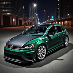 A dark green MK7 VW Golf R with an aggressive body kit, showcasing a sleek black carbon fiber hood