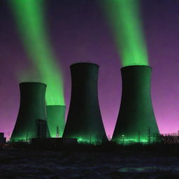 Visualize a city of nuclearpunk skyscrapers, their silhouettes housing reactors and reminiscent of cooling towers, emitting a ghostly glow. They stand as monoliths of power generation against a iridescent aurora filled night sky.