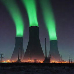 Visualize a city of nuclearpunk skyscrapers, their silhouettes housing reactors and reminiscent of cooling towers, emitting a ghostly glow. They stand as monoliths of power generation against a iridescent aurora filled night sky.