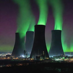 Visualize a city of nuclearpunk skyscrapers, their silhouettes housing reactors and reminiscent of cooling towers, emitting a ghostly glow. They stand as monoliths of power generation against a iridescent aurora filled night sky.