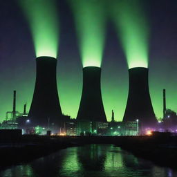 Visualize a city of nuclearpunk skyscrapers, their silhouettes housing reactors and reminiscent of cooling towers, emitting a ghostly glow. They stand as monoliths of power generation against a iridescent aurora filled night sky.