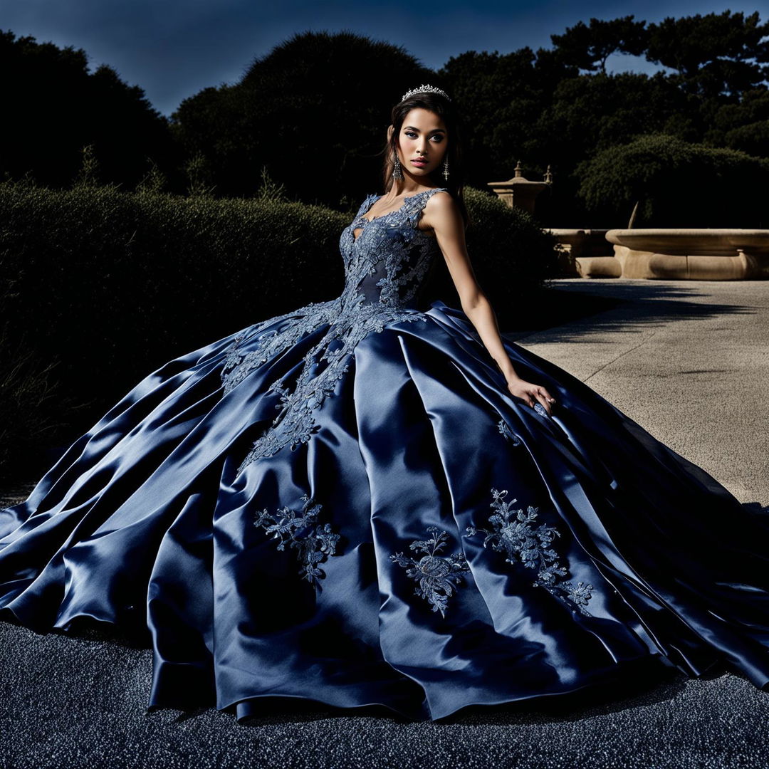 Distant shot of a female model in an extravagant sapphire blue Quinceañera ball gown with a large full skirt and fitted bodice decorated with appliqués and lace. The image captures an intense editorial magazine photoshoot with immaculate composition and lighting.