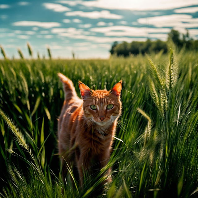 Photograph of a ginger cat exploring a vast green field, captured with Sony Alpha a7 III in Aperture Priority Mode (f/4 to f/8), ISO 100 to 400.