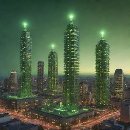 Exhibit a city of impressive atompunk skyscrapers, their architecture echoing the dynamism of atomic energy, adorned with Geiger counters, swirling atom models, and glowing orbs. They stand against a gamma-ray green sky, illuminating the city with their radiating brilliance.